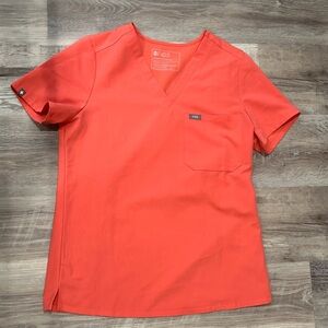 FIGS One-Pocket Scrub Top in Hot Coral
